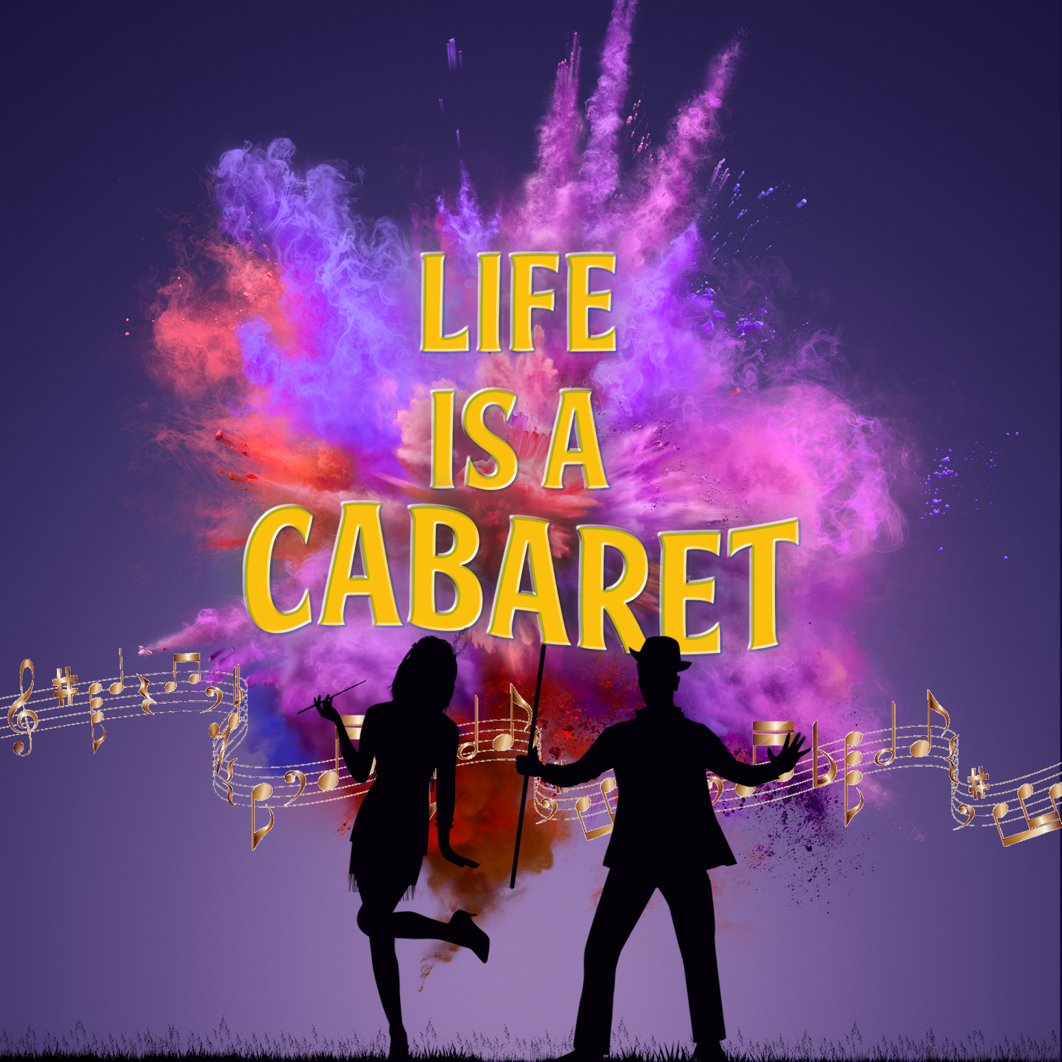 Text reading Life Is A Cabaret on top of an explosion of purple and pink smoke. There are silhouettes of a dancing man and woman in front of it, with an illuminated city skyline in the background.